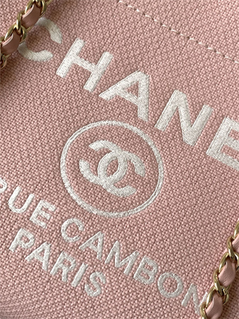 Ch*el deauville small shopping bag mixed fibers gold tone metal pink as3257