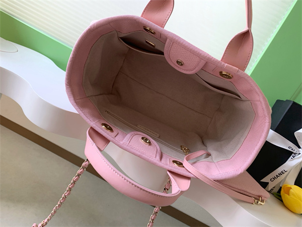 Ch*el deauville small shopping bag mixed fibers gold tone metal pink as3257